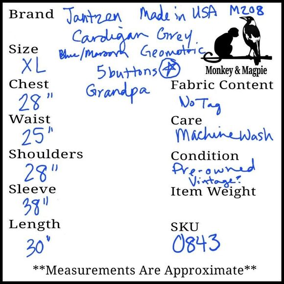 Vtg Jantzen Mens Cardigan Sweater Made in USA Grey Geometric Boxy Grandpa XL - Picture 7 of 7